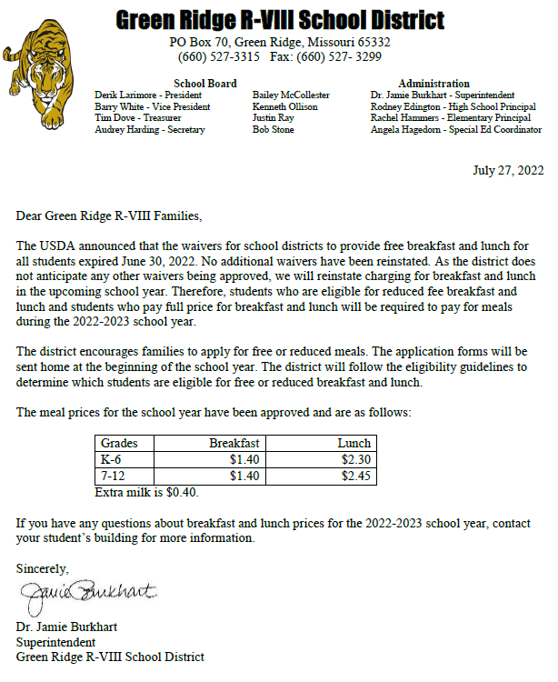 2022-23 Lunch Price Letter