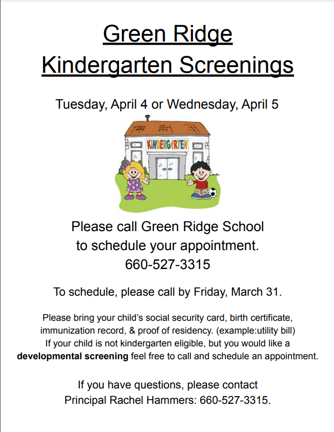 Kindergarten Screening Flyer for April 4 & 5